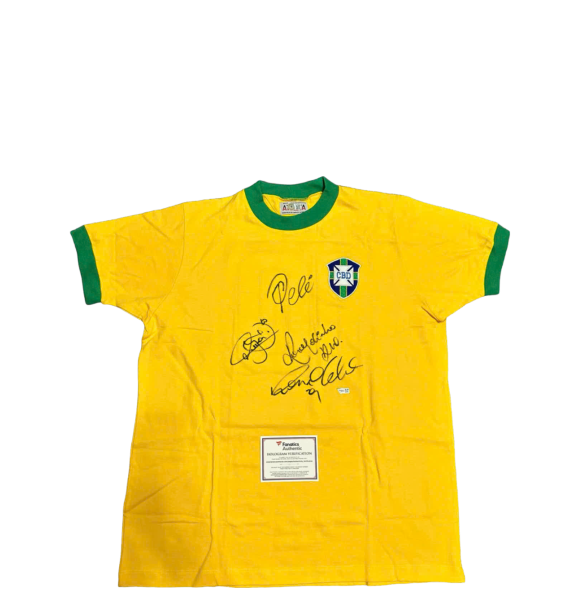 Áo đấu đội tuyển quốc gia Brazil có chữ ký của Ronaldo, Pelé, Neymar và Ronaldinho.